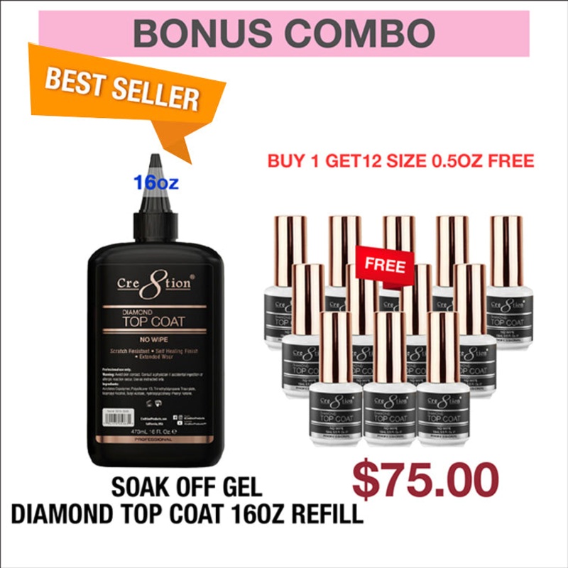 (Bonus Combo) Cre8tion Gel Diamond No Wipe Top Coat 16oz Refill – Buy 1 Get 12 Size 0.5oz Free