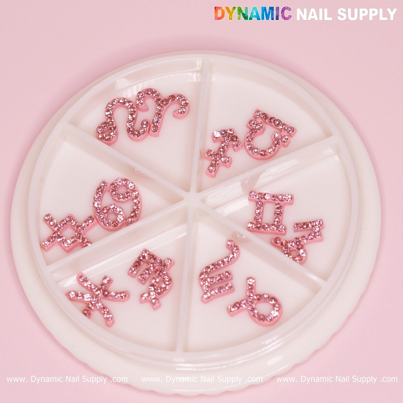 Set of Pink Zodiac Symbol Sign Nails Charm with Rhinestone