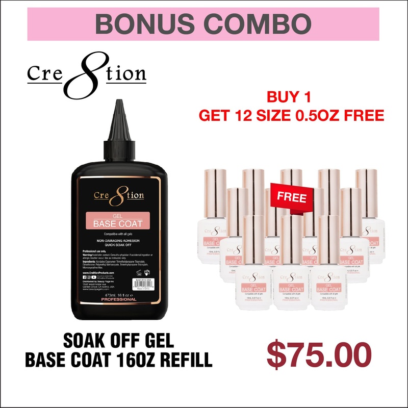 (Bonus Combo) Cre8tion Soak Off Gel Base Coat 16oz Refill – Buy 1 Get 12 Size 0.5oz Free